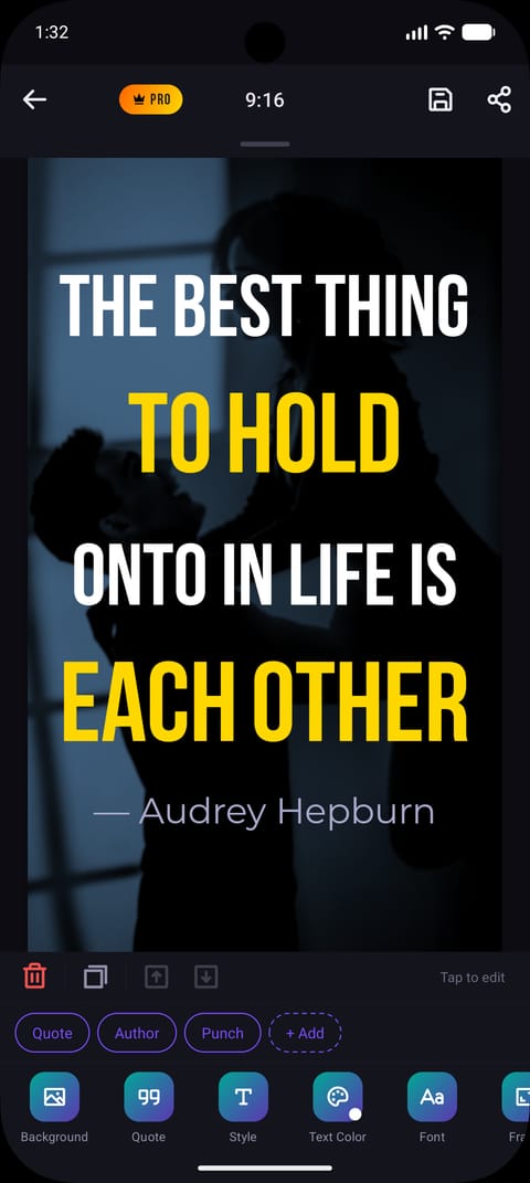 Rapid Quotes editing a quote over a photo with font and color controls