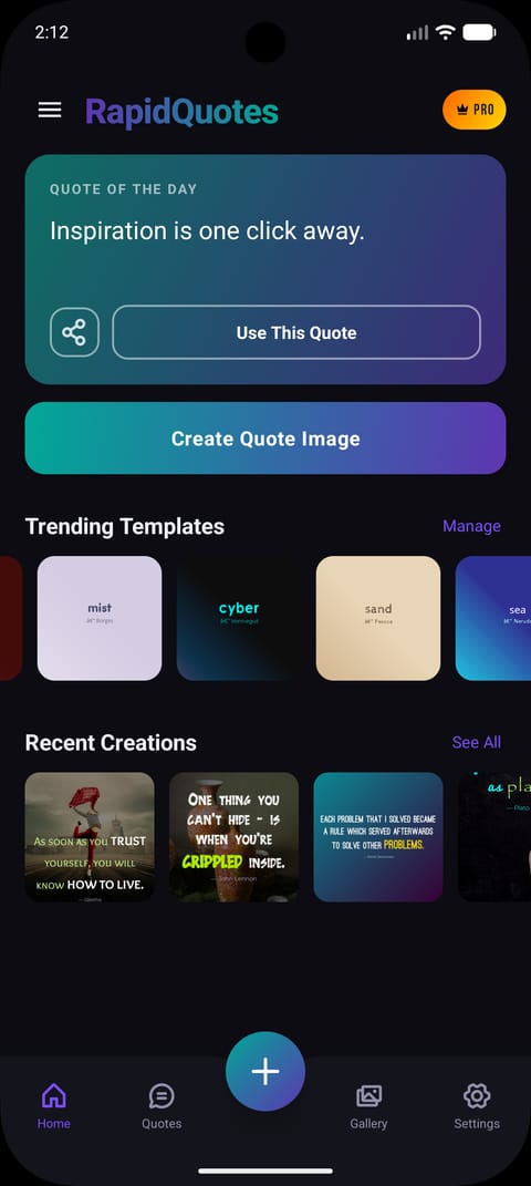Rapid Quotes home screen showing quote of the day and trending templates