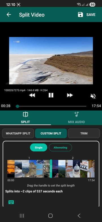 Video Splitter on the custom split tab, with split points set along a video timeline