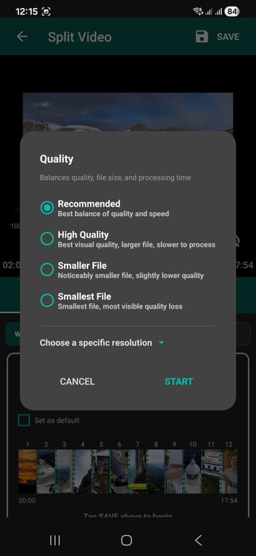 Video Splitter export quality options, from recommended to smallest file
