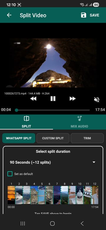 Video Splitter WhatsApp split screen showing a long video divided into twelve numbered clips